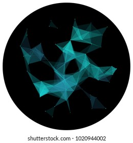 Abstract colorful wireframe structure forming a geometric pattern on a round black background. Network connection between dots and lines. Vector illustration of a complex plexus effect