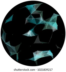 Abstract colorful wireframe structure forming a geometric pattern on a round black background. Network connection between dots and lines. Vector illustration of a complex plexus effect