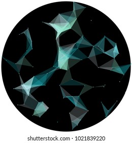 Abstract colorful wireframe structure forming a geometric pattern on a round black background. Network connection between dots and lines. Vector illustration of a complex plexus effect