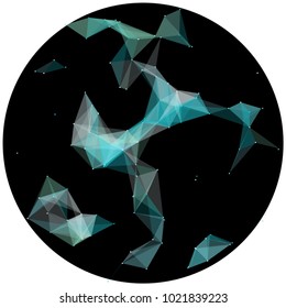Abstract colorful wireframe structure forming a geometric pattern on a round black background. Network connection between dots and lines. Vector illustration of a complex plexus effect