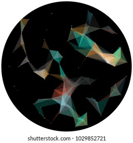 Abstract colorful wireframe structure forming a geometric pattern on a round black background. Network connection between dots and lines. Vector illustration of a complex plexus effect