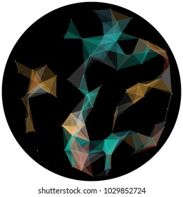 Abstract colorful wireframe structure forming a geometric pattern on a round black background. Network connection between dots and lines. Vector illustration of a complex plexus effect