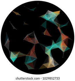 Abstract colorful wireframe structure forming a geometric pattern on a round black background. Network connection between dots and lines. Vector illustration of a complex plexus effect