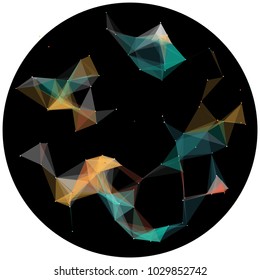 Abstract colorful wireframe structure forming a geometric pattern on a round black background. Network connection between dots and lines. Vector illustration of a complex plexus effect