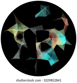 Abstract colorful wireframe structure forming a geometric pattern on a round black background. Network connection between dots and lines. Vector illustration of a complex plexus effect