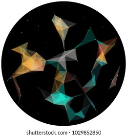Abstract colorful wireframe structure forming a geometric pattern on a round black background. Network connection between dots and lines. Vector illustration of a complex plexus effect