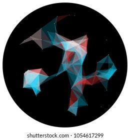 Abstract colorful wireframe structure forming a geometric pattern on a round black background. Network connection between dots and lines. Vector illustration of a complex plexus effect