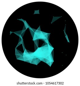 Abstract colorful wireframe structure forming a geometric pattern on a round black background. Network connection between dots and lines. Vector illustration of a complex plexus effect