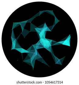 Abstract colorful wireframe structure forming a geometric pattern on a round black background. Network connection between dots and lines. Vector illustration of a complex plexus effect