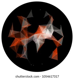 Abstract colorful wireframe structure forming a geometric pattern on a round black background. Network connection between dots and lines. Vector illustration of a complex plexus effect