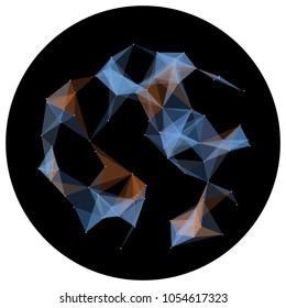 Abstract colorful wireframe structure forming a geometric pattern on a round black background. Network connection between dots and lines. Vector illustration of a complex plexus effect