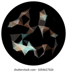 Abstract colorful wireframe structure forming a geometric pattern on a round black background. Network connection between dots and lines. Vector illustration of a complex plexus effect