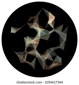 Abstract colorful wireframe structure forming a geometric pattern on a round black background. Network connection between dots and lines. Vector illustration of a complex plexus effect