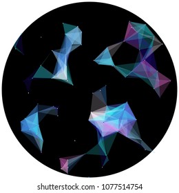 Abstract colorful wireframe structure forming a geometric pattern on a round black background. Network connection between dots and lines. Vector illustration of a complex plexus effect