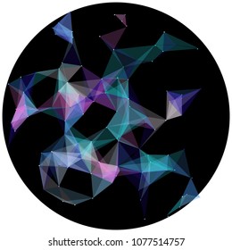 Abstract colorful wireframe structure forming a geometric pattern on a round black background. Network connection between dots and lines. Vector illustration of a complex plexus effect