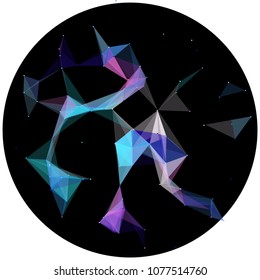 Abstract colorful wireframe structure forming a geometric pattern on a round black background. Network connection between dots and lines. Vector illustration of a complex plexus effect