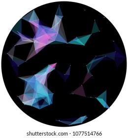 Abstract colorful wireframe structure forming a geometric pattern on a round black background. Network connection between dots and lines. Vector illustration of a complex plexus effect