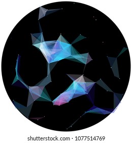 Abstract colorful wireframe structure forming a geometric pattern on a round black background. Network connection between dots and lines. Vector illustration of a complex plexus effect