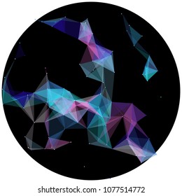 Abstract colorful wireframe structure forming a geometric pattern on a round black background. Network connection between dots and lines. Vector illustration of a complex plexus effect