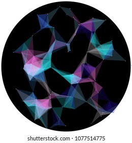 Abstract colorful wireframe structure forming a geometric pattern on a round black background. Network connection between dots and lines. Vector illustration of a complex plexus effect