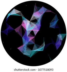Abstract colorful wireframe structure forming a geometric pattern on a round black background. Network connection between dots and lines. Vector illustration of a complex plexus effect