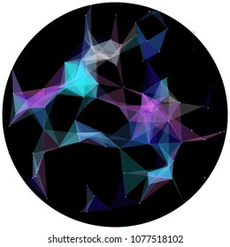 Abstract colorful wireframe structure forming a geometric pattern on a round black background. Network connection between dots and lines. Vector illustration of a complex plexus effect