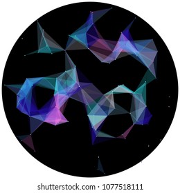 Abstract colorful wireframe structure forming a geometric pattern on a round black background. Network connection between dots and lines. Vector illustration of a complex plexus effect