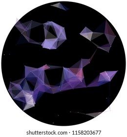 Abstract colorful wireframe structure forming a geometric pattern on a round black background. Network connection between dots and lines. Vector illustration of a complex plexus effect.