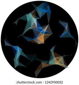 Abstract colorful wireframe structure forming a geometric pattern on a round black background. Network connection between dots and lines. Vector illustration of a complex plexus effect.