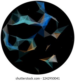 Abstract colorful wireframe structure forming a geometric pattern on a round black background. Network connection between dots and lines. Vector illustration of a complex plexus effect.