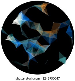 Abstract colorful wireframe structure forming a geometric pattern on a round black background. Network connection between dots and lines. Vector illustration of a complex plexus effect.