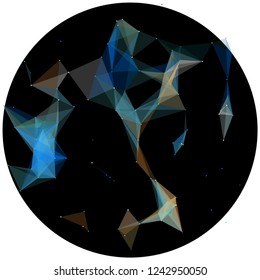 Abstract colorful wireframe structure forming a geometric pattern on a round black background. Network connection between dots and lines. Vector illustration of a complex plexus effect.
