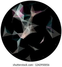 Abstract colorful wireframe structure forming a geometric pattern on a round black background. Network connection between dots and lines. Vector illustration of a complex plexus effect.