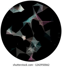 Abstract colorful wireframe structure forming a geometric pattern on a round black background. Network connection between dots and lines. Vector illustration of a complex plexus effect.