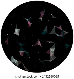Abstract colorful wireframe structure forming a geometric pattern on a round black background. Network connection between dots and lines. Vector illustration of a complex plexus effect.