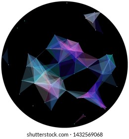 Abstract colorful wireframe structure forming a geometric pattern on a round black background. Network connection between dots and lines. Vector illustration of a complex plexus effect.
