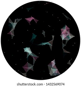 Abstract colorful wireframe structure forming a geometric pattern on a round black background. Network connection between dots and lines. Vector illustration of a complex plexus effect.