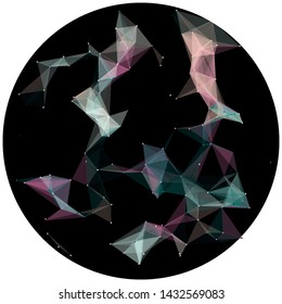 Abstract colorful wireframe structure forming a geometric pattern on a round black background. Network connection between dots and lines. Vector illustration of a complex plexus effect.