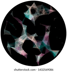 Abstract colorful wireframe structure forming a geometric pattern on a round black background. Network connection between dots and lines. Vector illustration of a complex plexus effect.