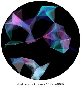 Abstract colorful wireframe structure forming a geometric pattern on a round black background. Network connection between dots and lines. Vector illustration of a complex plexus effect.