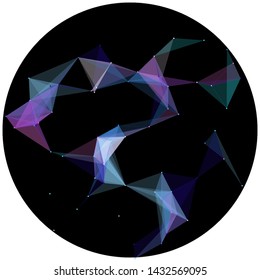 Abstract colorful wireframe structure forming a geometric pattern on a round black background. Network connection between dots and lines. Vector illustration of a complex plexus effect.