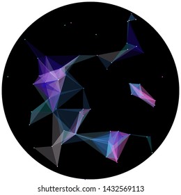 Abstract colorful wireframe structure forming a geometric pattern on a round black background. Network connection between dots and lines. Vector illustration of a complex plexus effect.