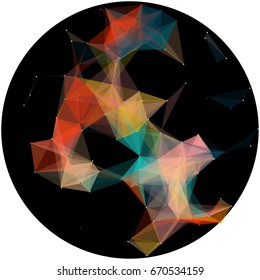 Abstract colorful wireframe structure forming a geometric pattern on a round black background. Network connection between dots and lines