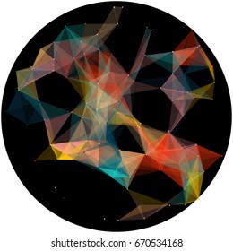Abstract colorful wireframe structure forming a geometric pattern on a round black background. Network connection between dots and lines