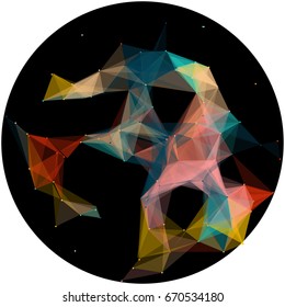 Abstract colorful wireframe structure forming a geometric pattern on a round black background. Network connection between dots and lines