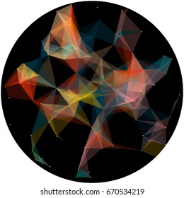 Abstract colorful wireframe structure forming a geometric pattern on a round black background. Network connection between dots and lines