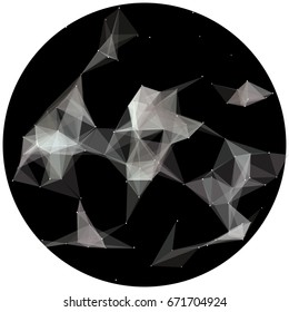 Abstract colorful wireframe structure forming a geometric pattern on a round black background. Network connection between dots and lines