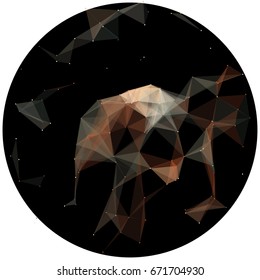 Abstract colorful wireframe structure forming a geometric pattern on a round black background. Network connection between dots and lines
