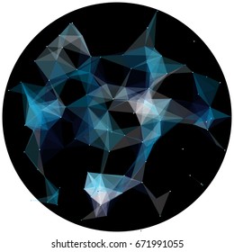 Abstract colorful wireframe structure forming a geometric pattern on a round black background. Network connection between dots and lines