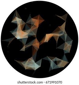 Abstract colorful wireframe structure forming a geometric pattern on a round black background. Network connection between dots and lines